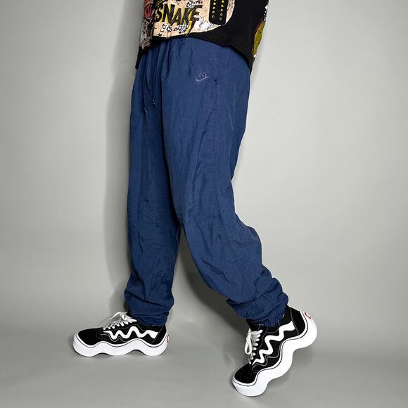 Vintage 90s Nike Track Pants Mens L Navy Blue Nylon Joggers Subtle Embroidered